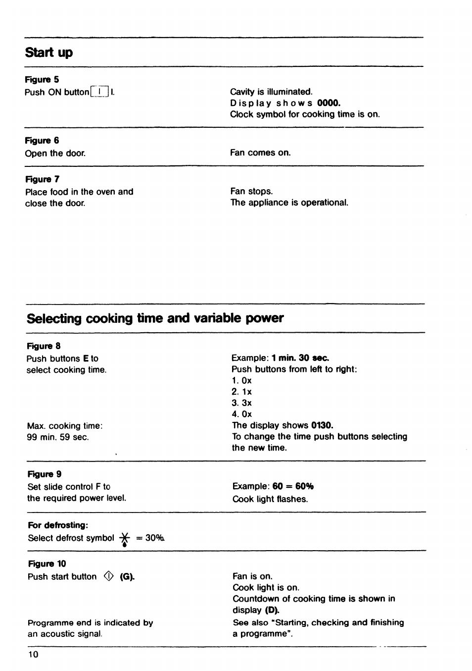 Start up, Selecting cooking time and variable power | AEG EX 30LF User Manual | Page 10 / 24