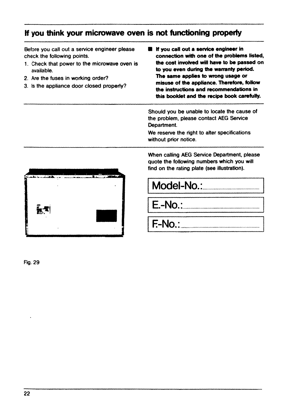 Model-no, E-no, Model-no.: e-no. e-no | AEG EX 30LF User Manual | Page 22 / 24