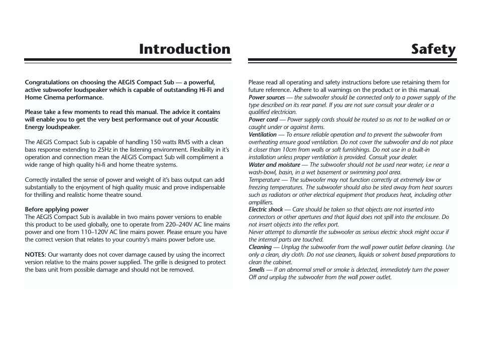 Safety introduction | Acoustic Energy AegisNeo Series User Manual | Page 2 / 9