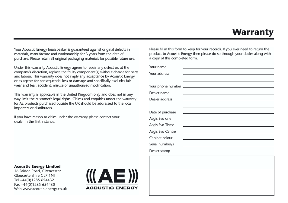 Warranty | Acoustic Energy AegisNeo Series User Manual | Page 9 / 9