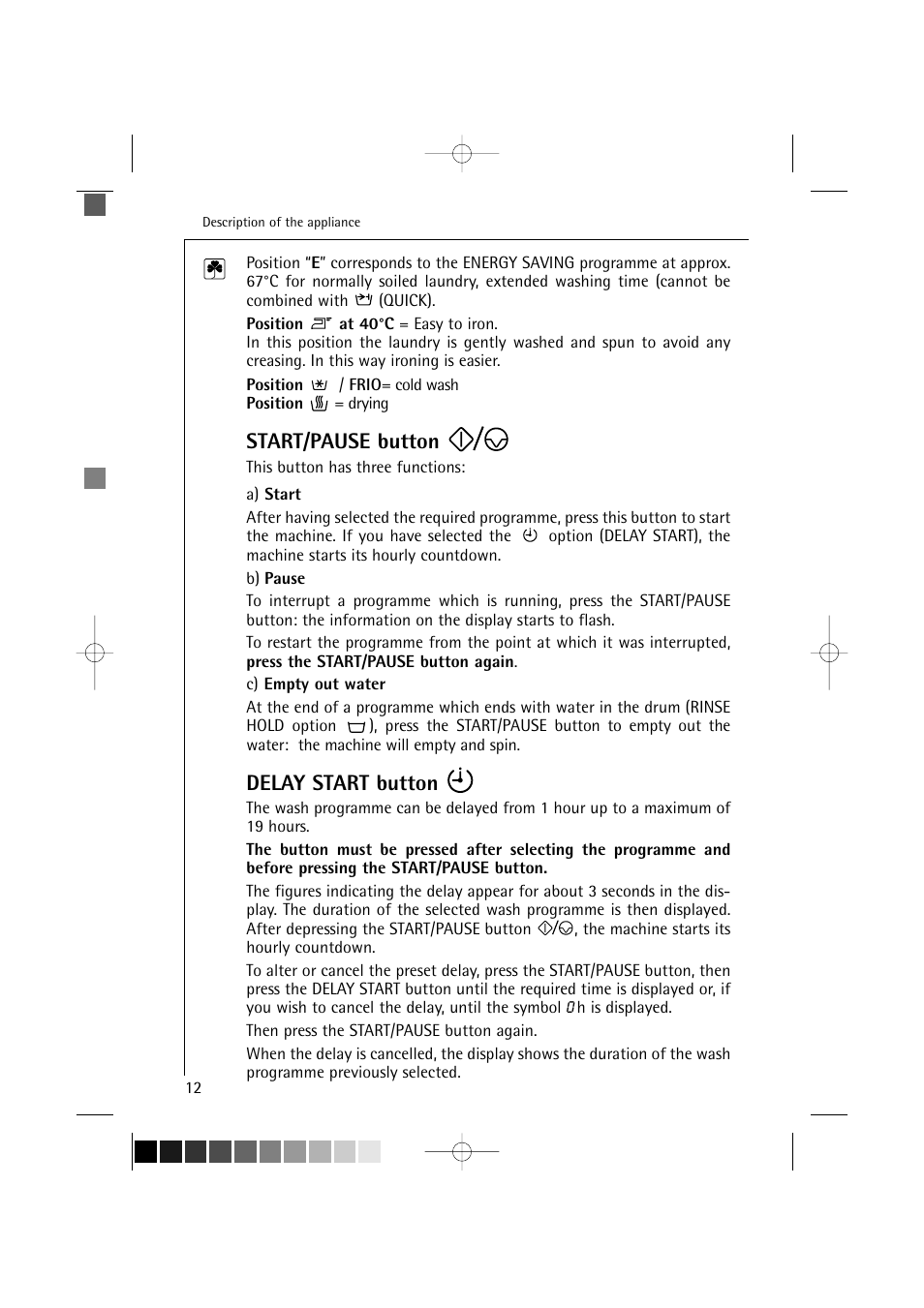 Start/pause button, Delay start button | AEG LAVAMAT 12820 User Manual | Page 12 / 50