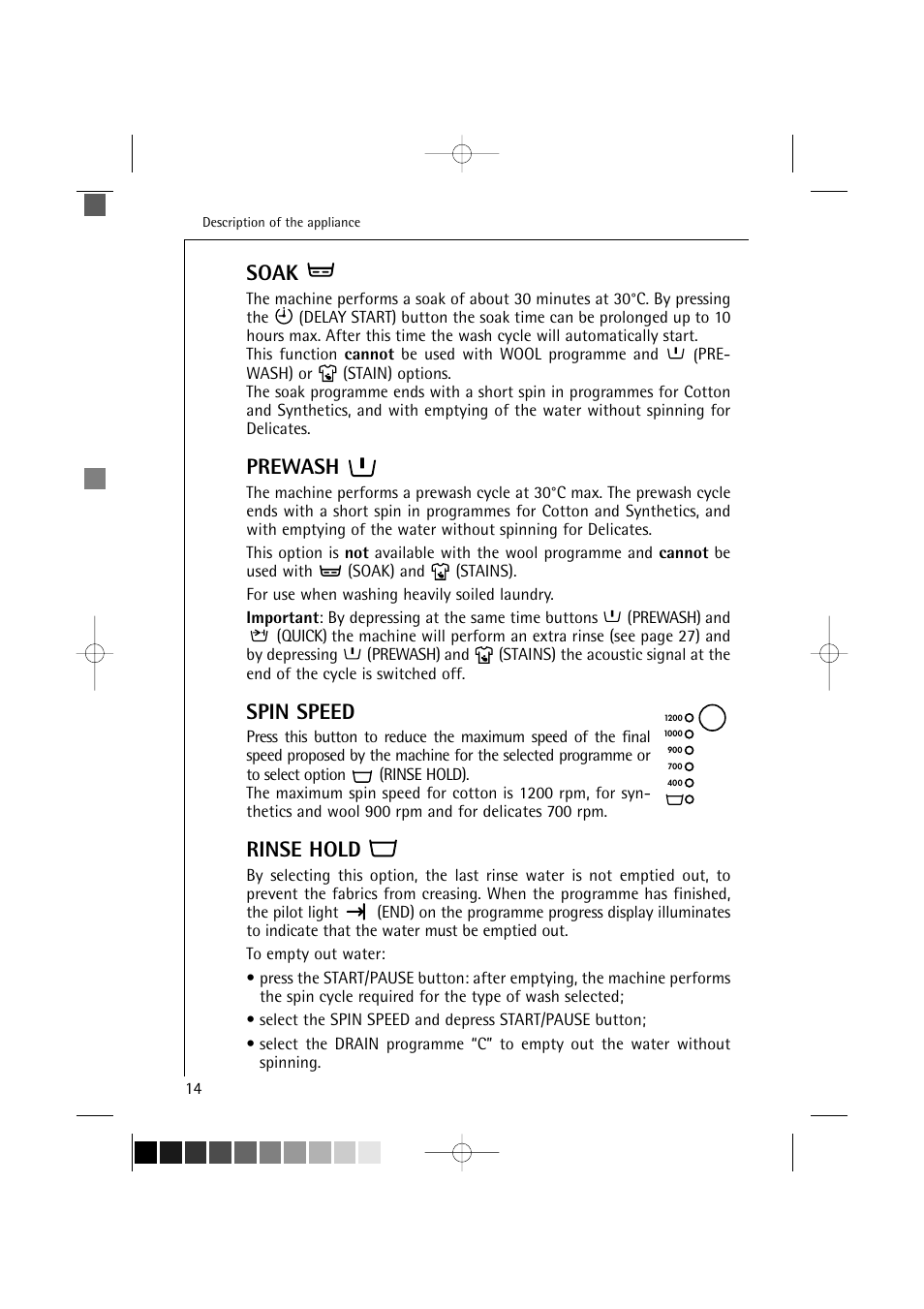 Soak, Prewash, Spin speed | Rinse hold | AEG LAVAMAT 12820 User Manual | Page 14 / 50