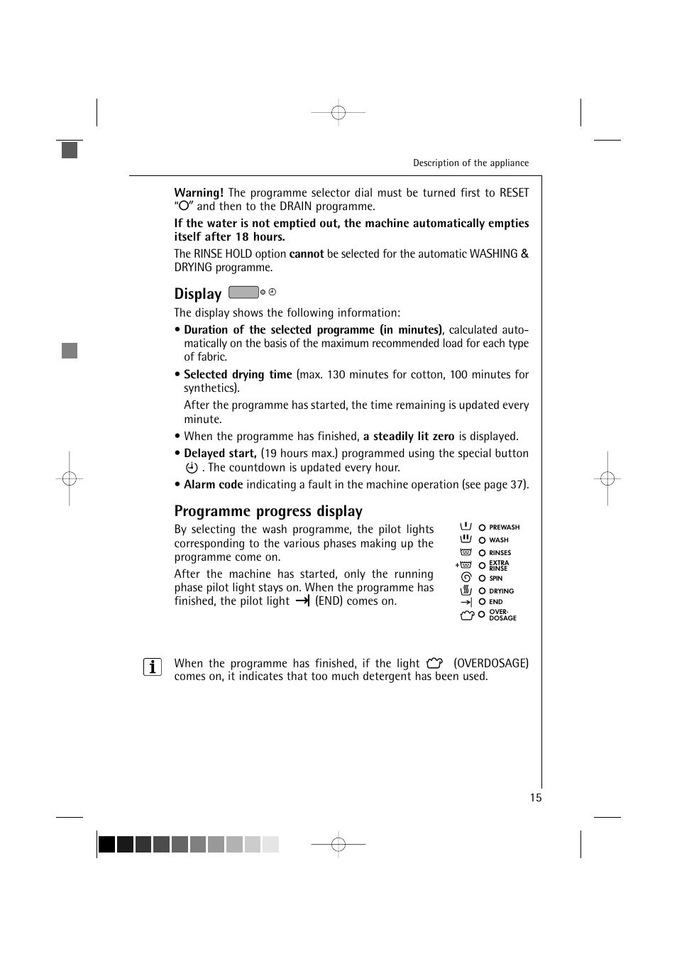 Display, Programme progress display | AEG LAVAMAT 12820 User Manual | Page 15 / 50