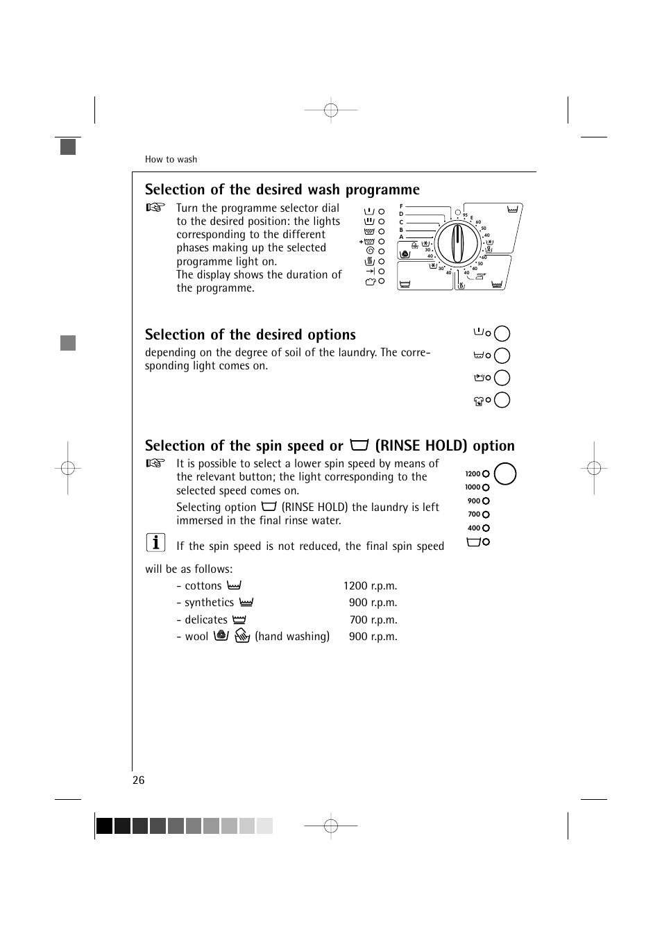 Selection of the desired wash programme, Selection of the desired options, Selection of the spin speed or (rinse hold) option | AEG LAVAMAT 12820 User Manual | Page 26 / 50