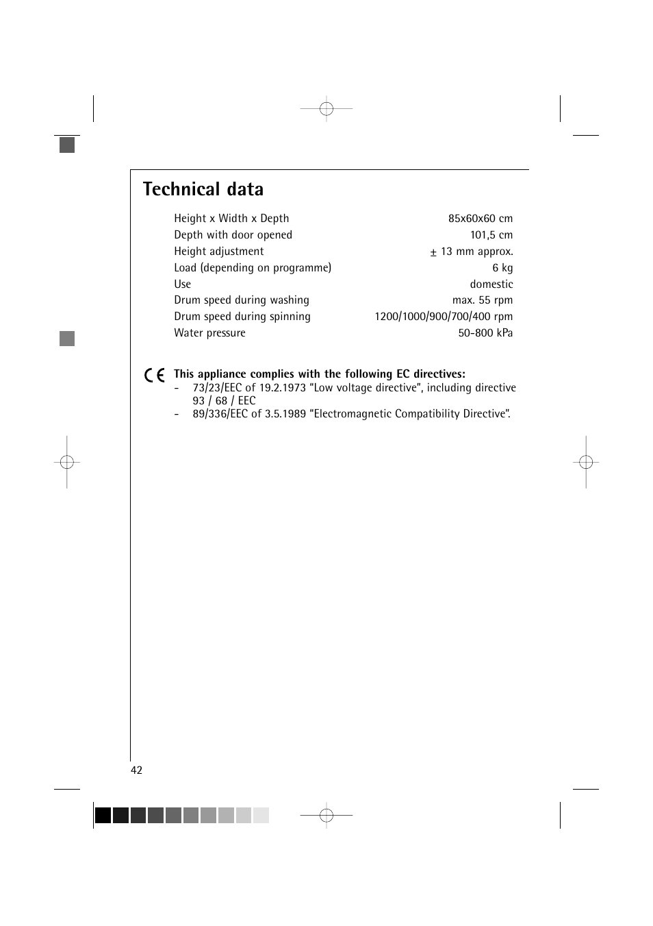Technical data | AEG LAVAMAT 12820 User Manual | Page 42 / 50