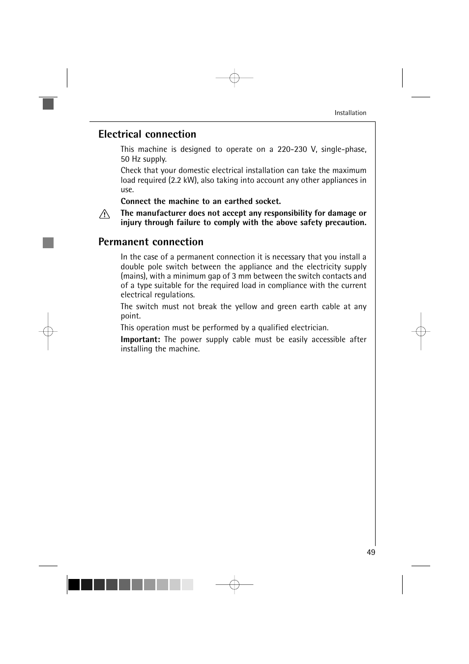 Electrical connection, Permanent connection | AEG LAVAMAT 12820 User Manual | Page 49 / 50