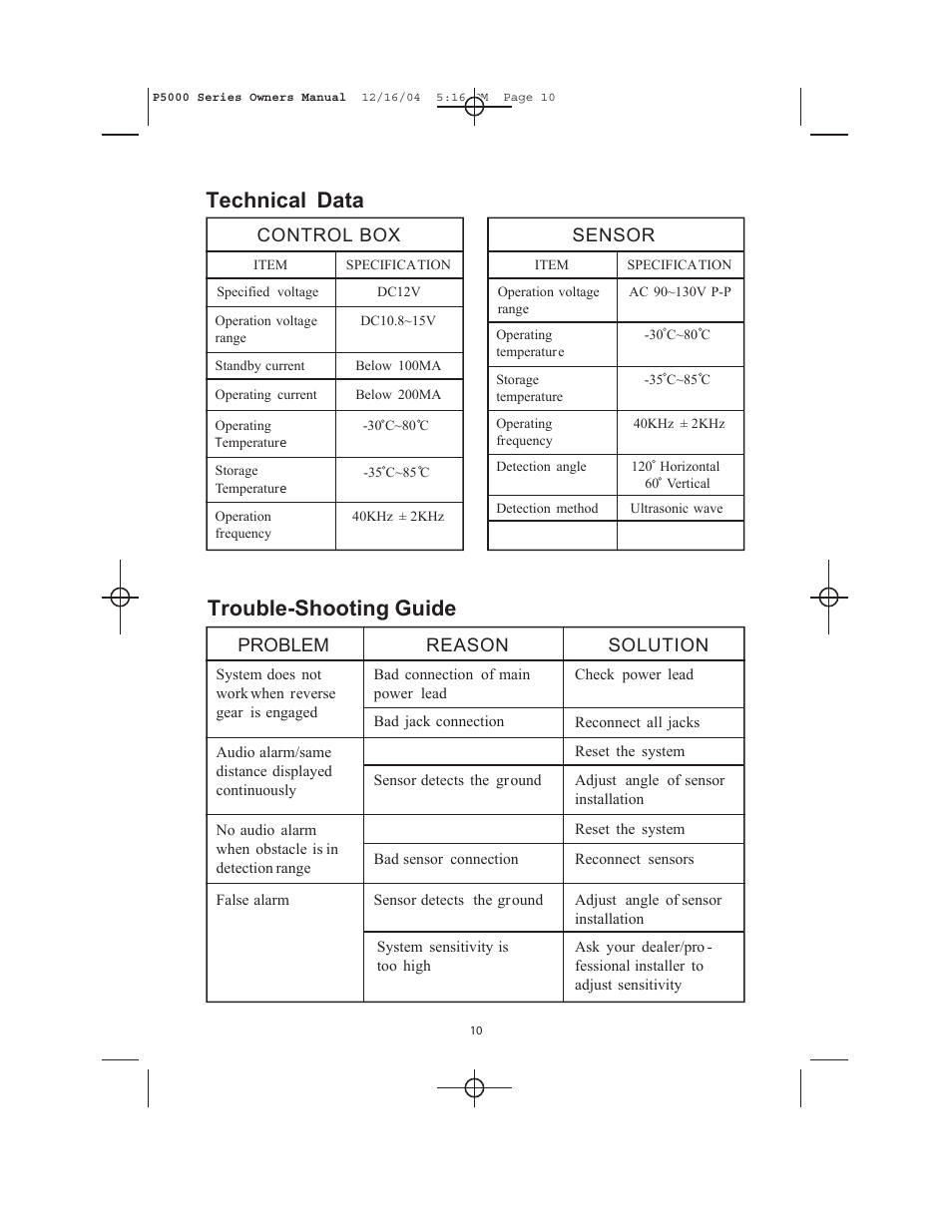 Technical data trouble-shooting guide, Problem reason solution sensor control box | Ackton P5000 User Manual | Page 10 / 12