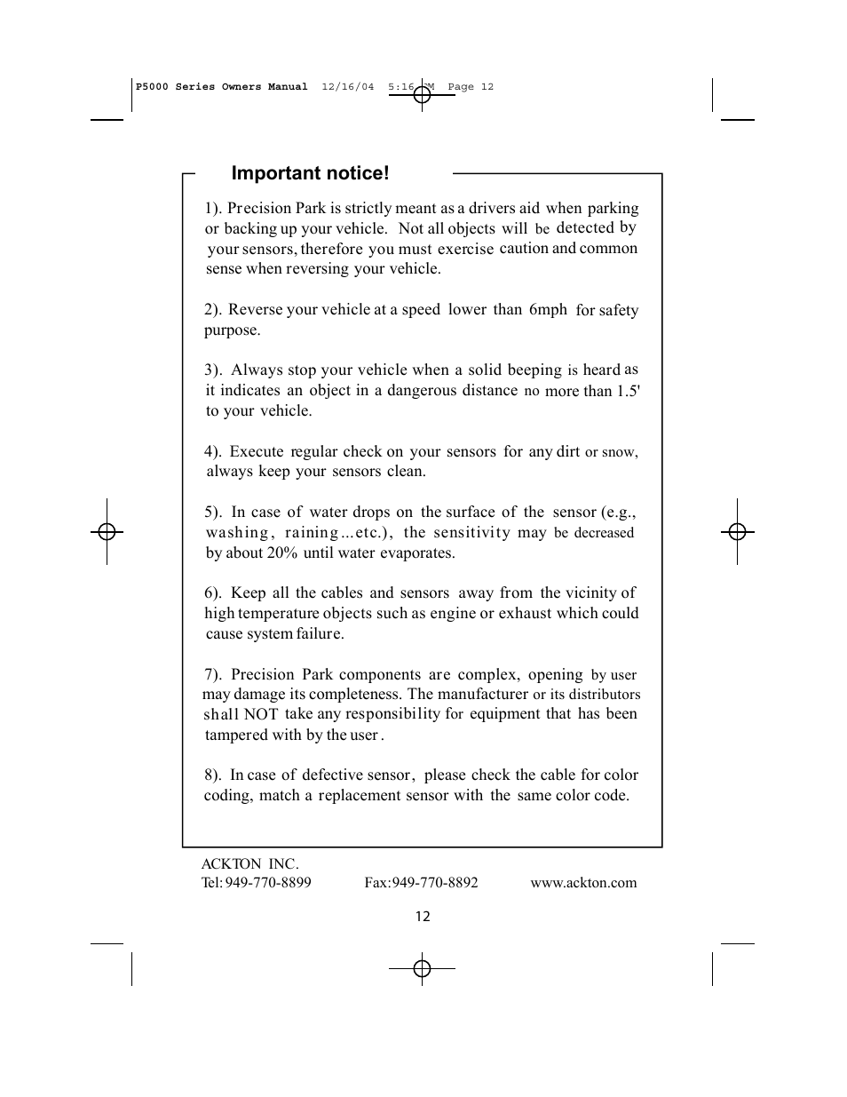 Important notice | Ackton P5000 User Manual | Page 12 / 12