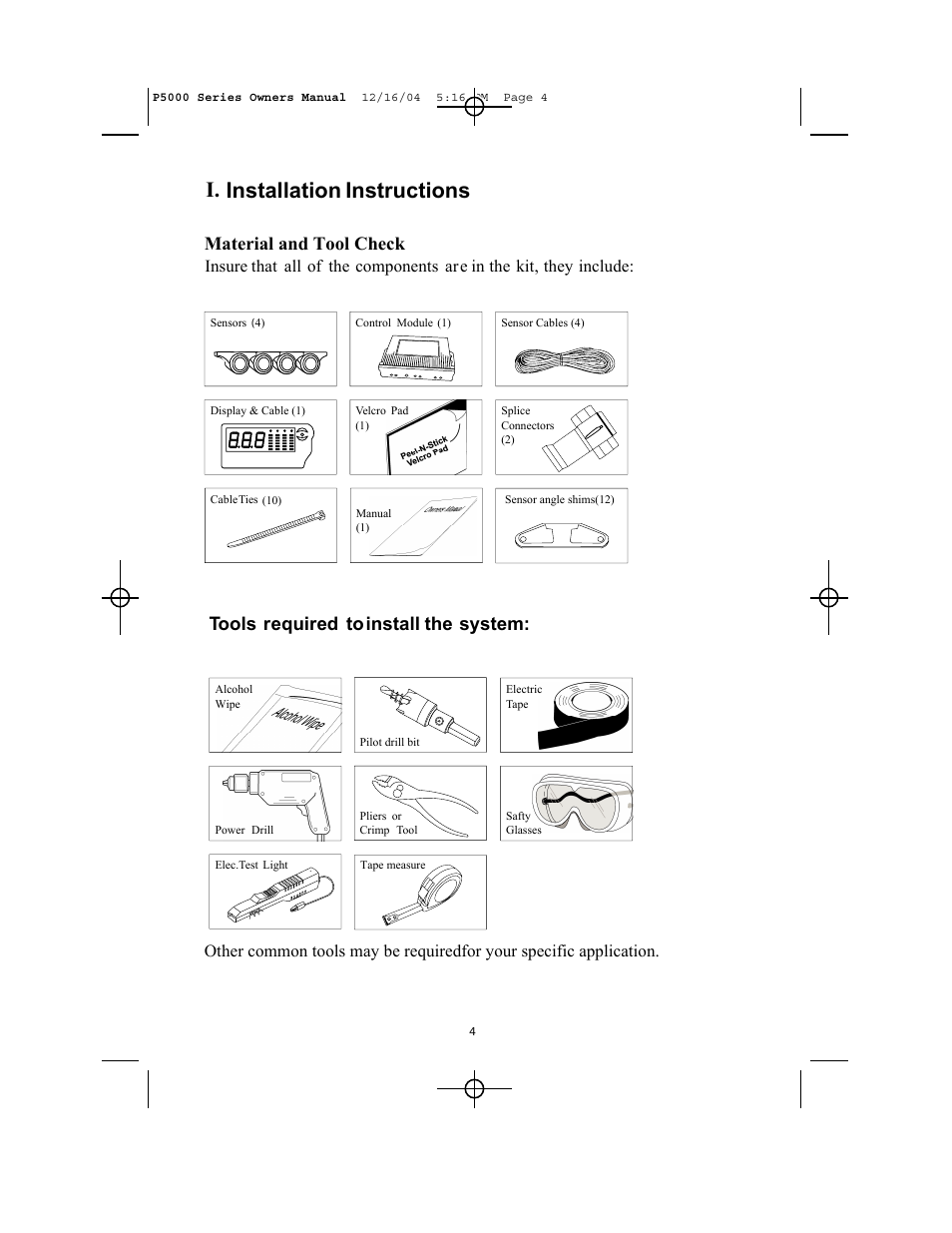 Installation instructions, Material and tool check, Tools required to install the system | Insur | Ackton P5000 User Manual | Page 4 / 12