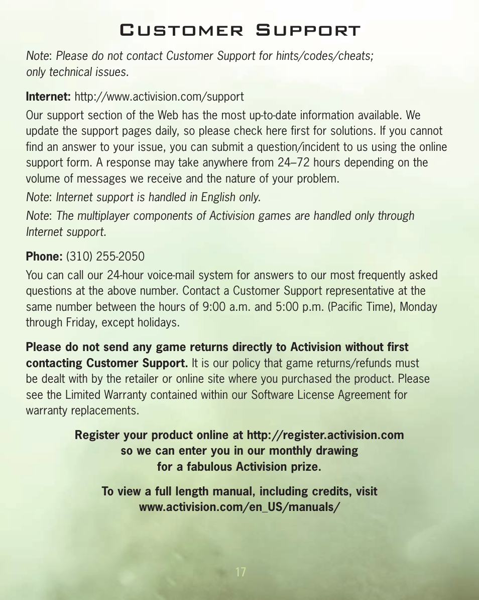 Customer support | Activision Call of Duty 4: Modern Warfare for Playstation 3 User Manual | Page 18 / 19