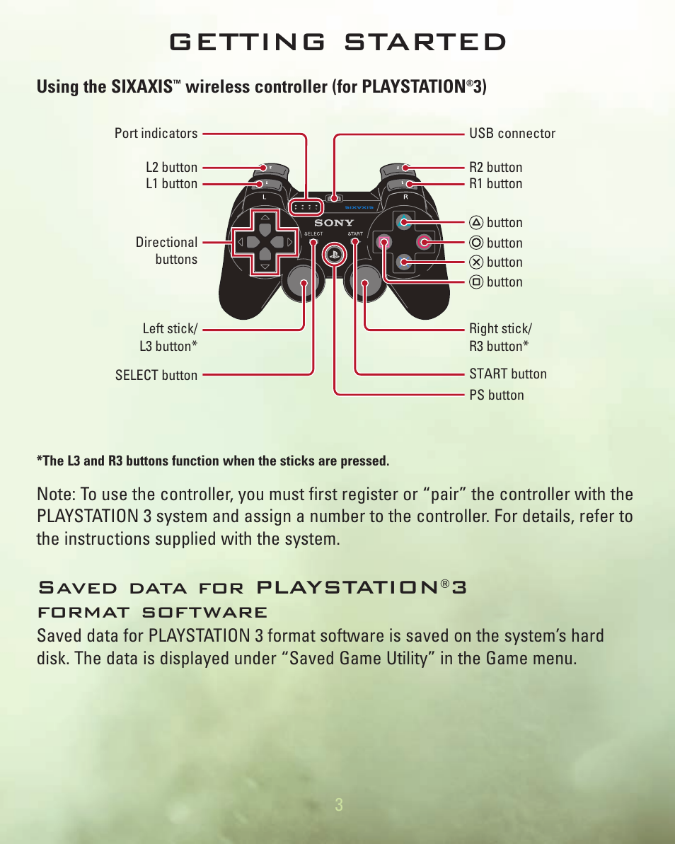 Getting started, Saved data for playstation, 3format software | Activision Call of Duty 4: Modern Warfare for Playstation 3 User Manual | Page 4 / 19