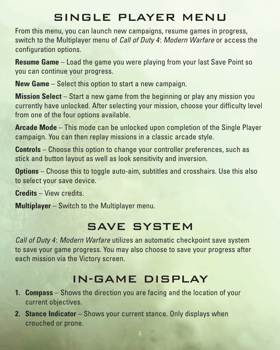 Single player menu, Save system, In-game display | Activision Call of Duty 4: Modern Warfare for Playstation 3 User Manual | Page 5 / 19