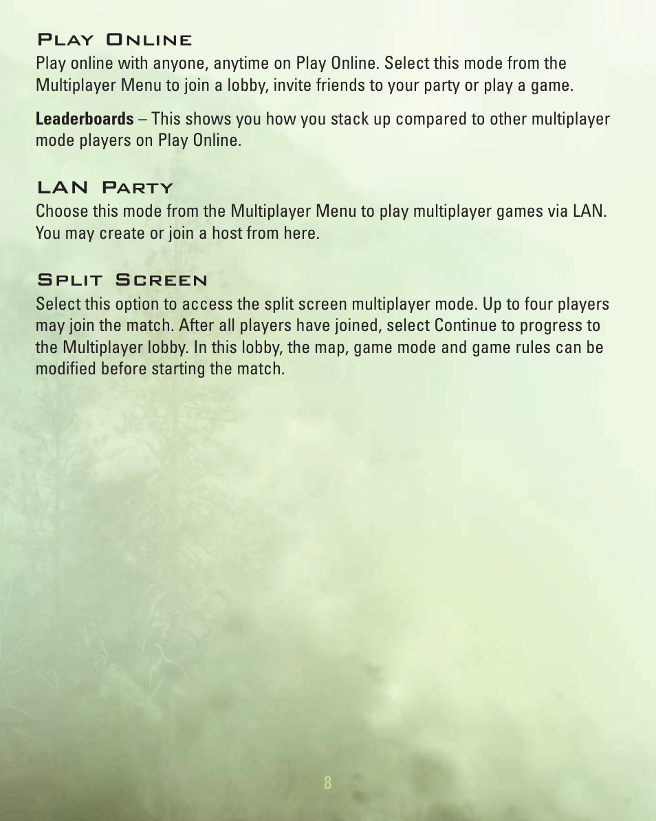 Play online, Lan party, Split screen | Activision Call of Duty 4: Modern Warfare for Playstation 3 User Manual | Page 9 / 19