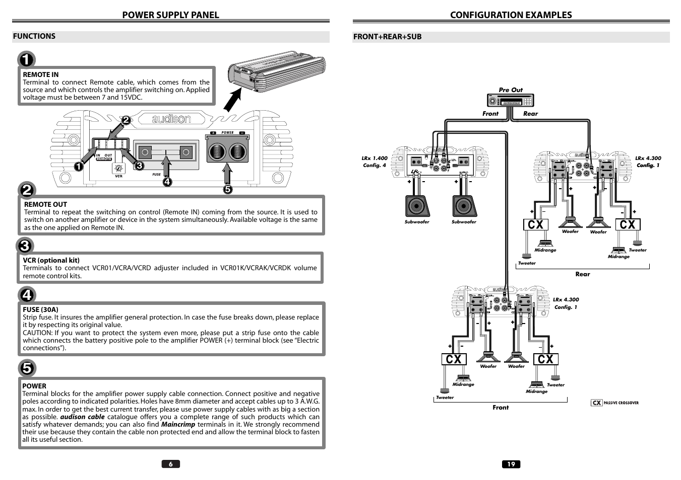 Power supply panel, Configuration examples | Audison LRX 4.300 User Manual | Page 6 / 12