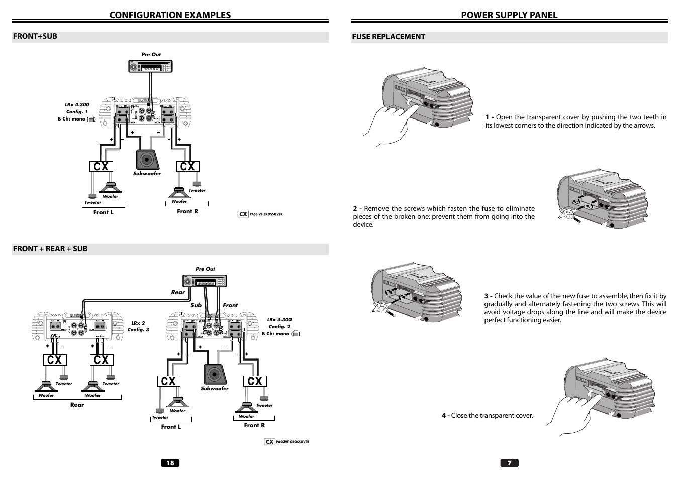 Power supply panel, Configuration examples, Fuse replacement | Front+sub, Front + rear + sub | Audison LRX 4.300 User Manual | Page 7 / 12