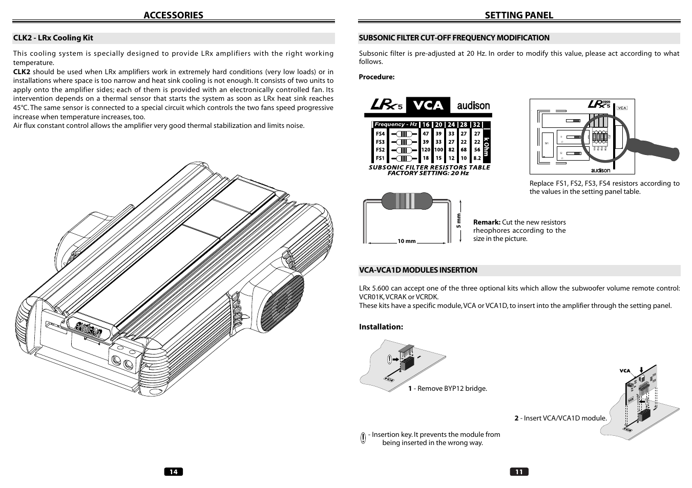 Setting panel accessories, Subsonic filter cut-off frequency modification, Vca-vca1d modules insertion | Installation, Clk2 - lrx cooling kit | Audison LRX 5.600 User Manual | Page 11 / 12