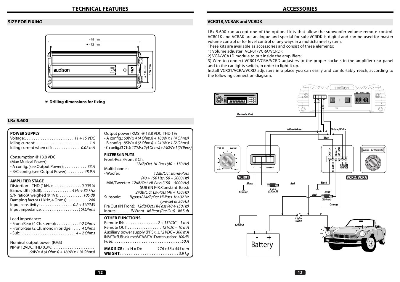 Battery, Accessories, Technical features | Audison LRX 5.600 User Manual | Page 12 / 12