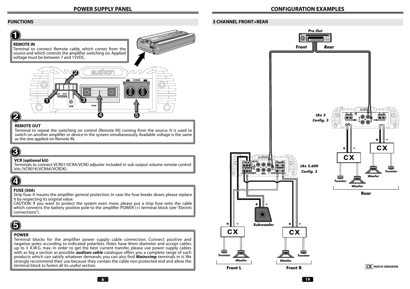 Power supply panel, Configuration examples | Audison LRX 5.600 User Manual | Page 6 / 12