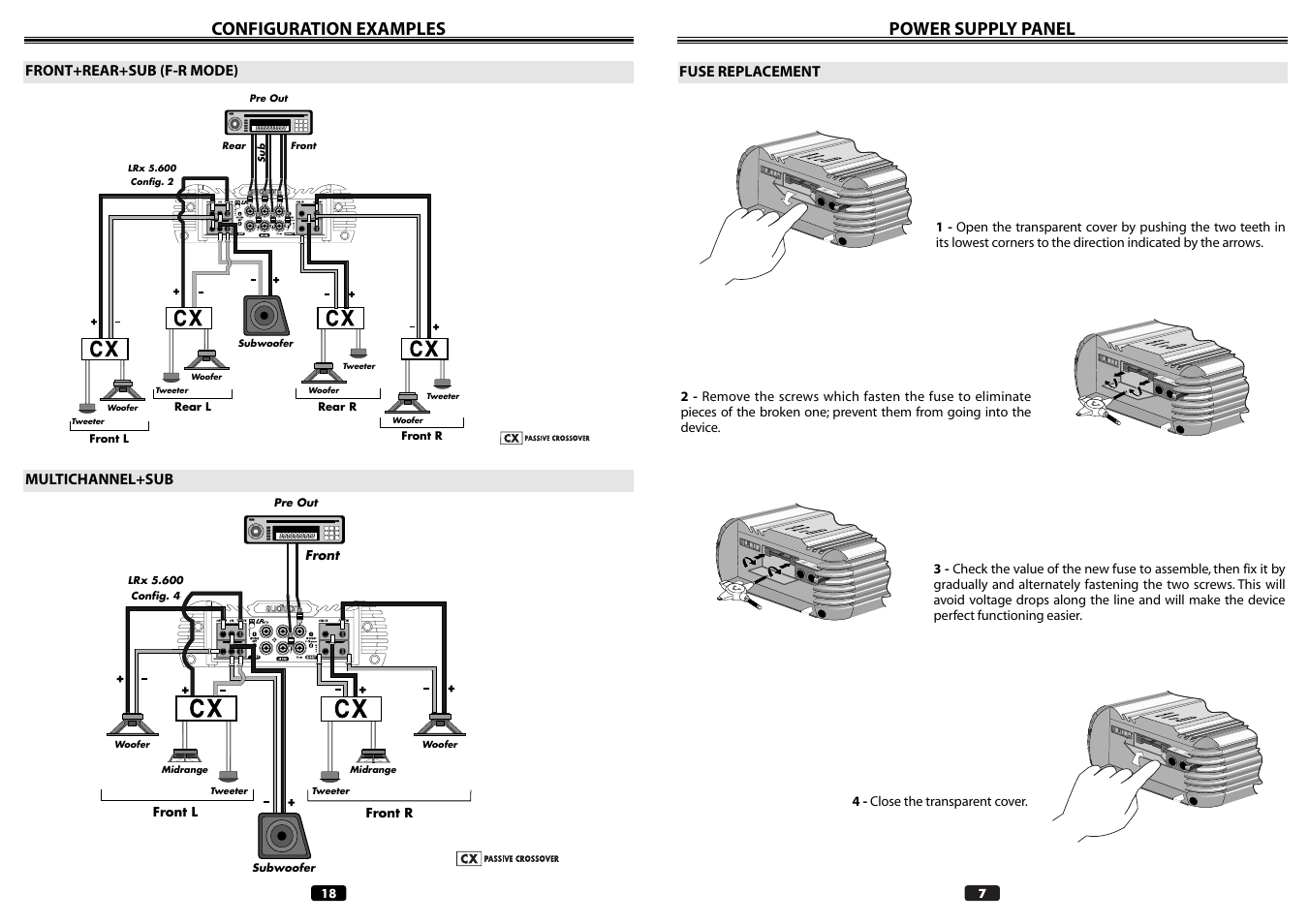 Power supply panel, Configuration examples, Fuse replacement | Front+rear+sub (f-r mode), Multichannel+sub | Audison LRX 5.600 User Manual | Page 7 / 12