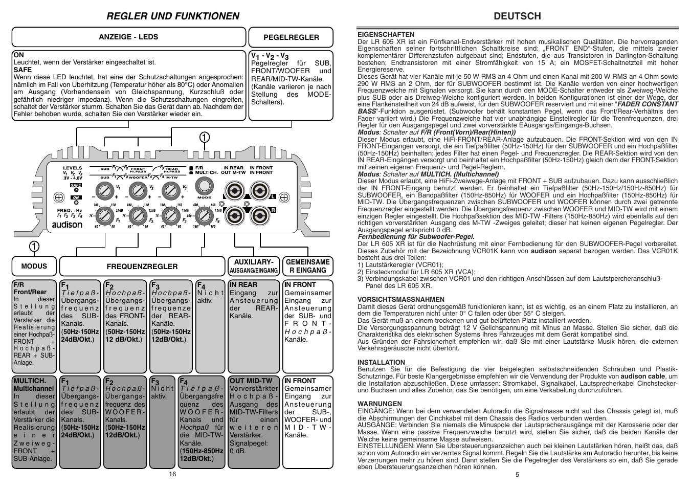 Deutsch, Regler und funktionen | Audison LR 605 XR User Manual | Page 5 / 10