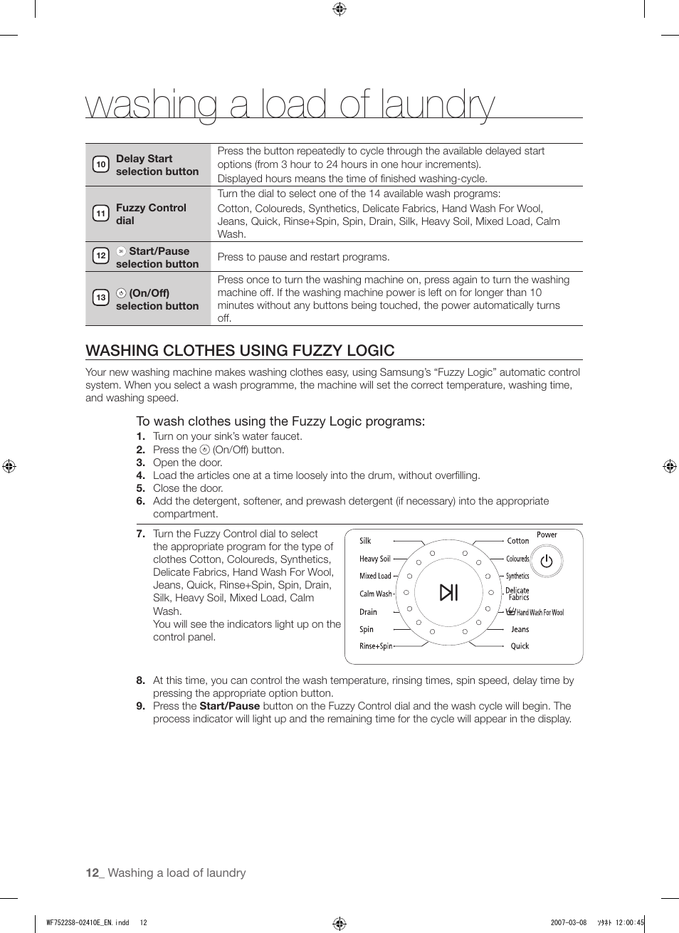 Washing a load of laundry, Washing clothes using fuzzy logic | Samsung WF7602S8R User Manual | Page 12 / 24