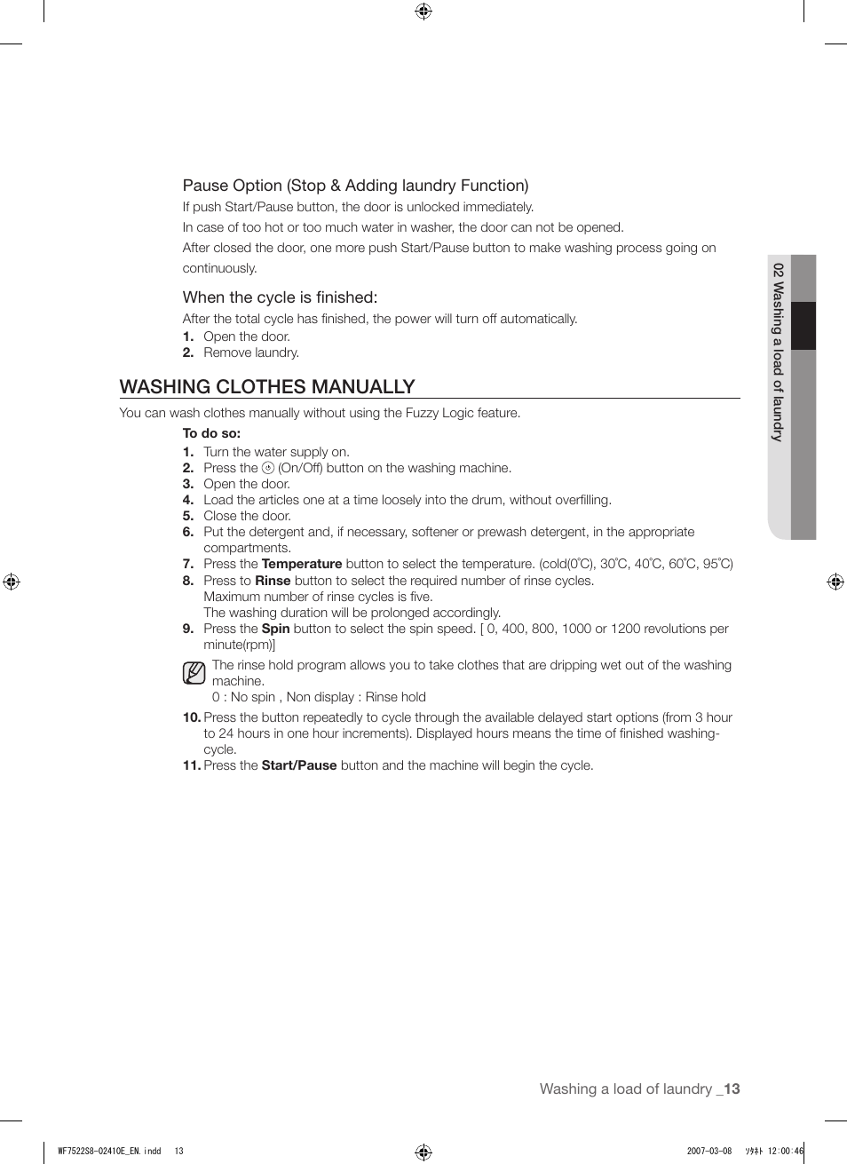 Washing clothes manually | Samsung WF7602S8R User Manual | Page 13 / 24