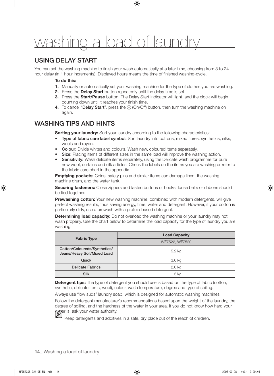 Washing a load of laundry, Using delay start, Washing tips and hints | Samsung WF7602S8R User Manual | Page 14 / 24