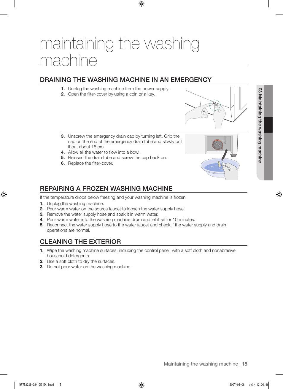 Maintaining the washing machine | Samsung WF7602S8R User Manual | Page 15 / 24