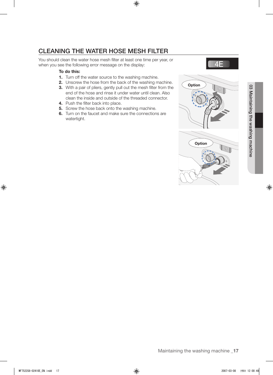 Cleaning the water hose mesh filter | Samsung WF7602S8R User Manual | Page 17 / 24