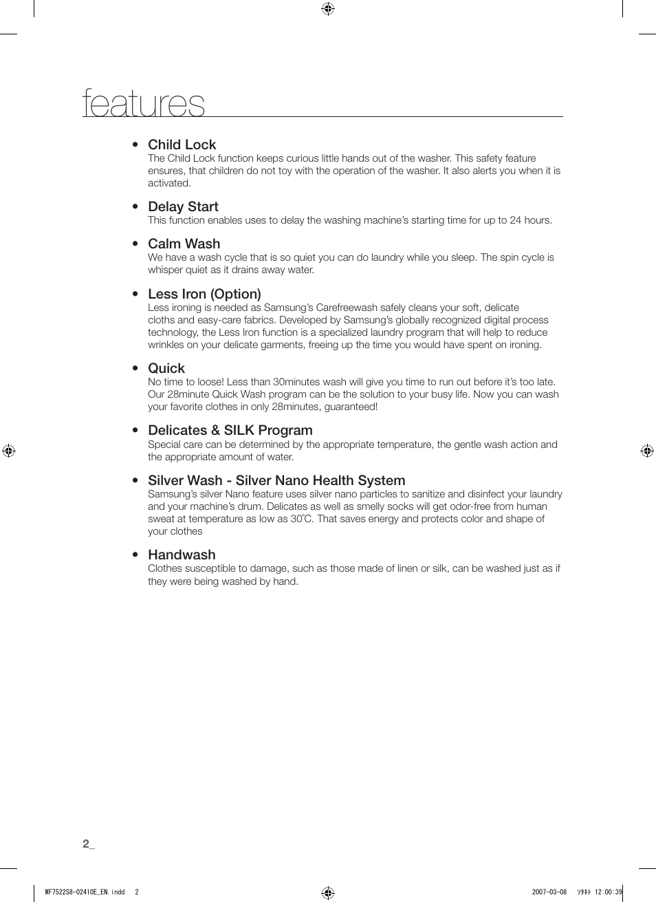 Features | Samsung WF7602S8R User Manual | Page 2 / 24