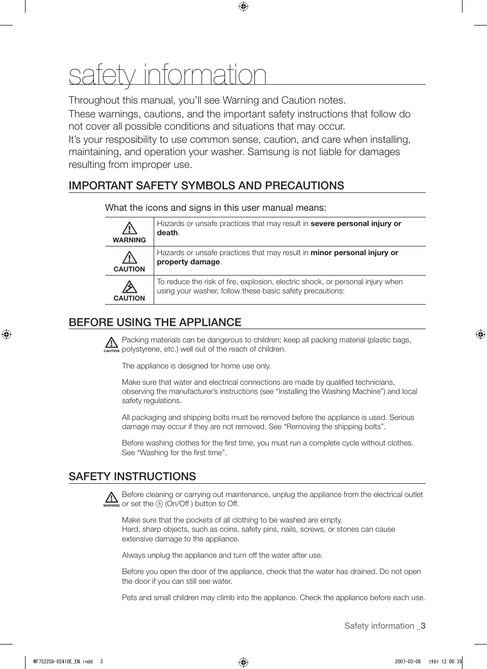 Safety information, Important safety symbols and precautions, Before using the appliance | Safety instructions | Samsung WF7602S8R User Manual | Page 3 / 24