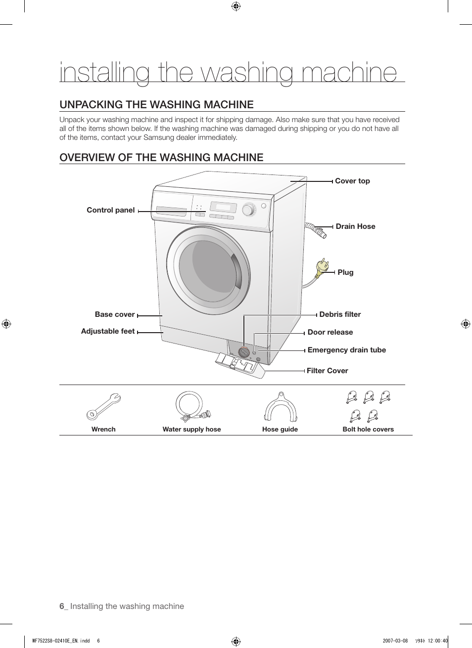 Installing the washing machine, Unpacking the washing machine, Overview of the washing machine | Samsung WF7602S8R User Manual | Page 6 / 24