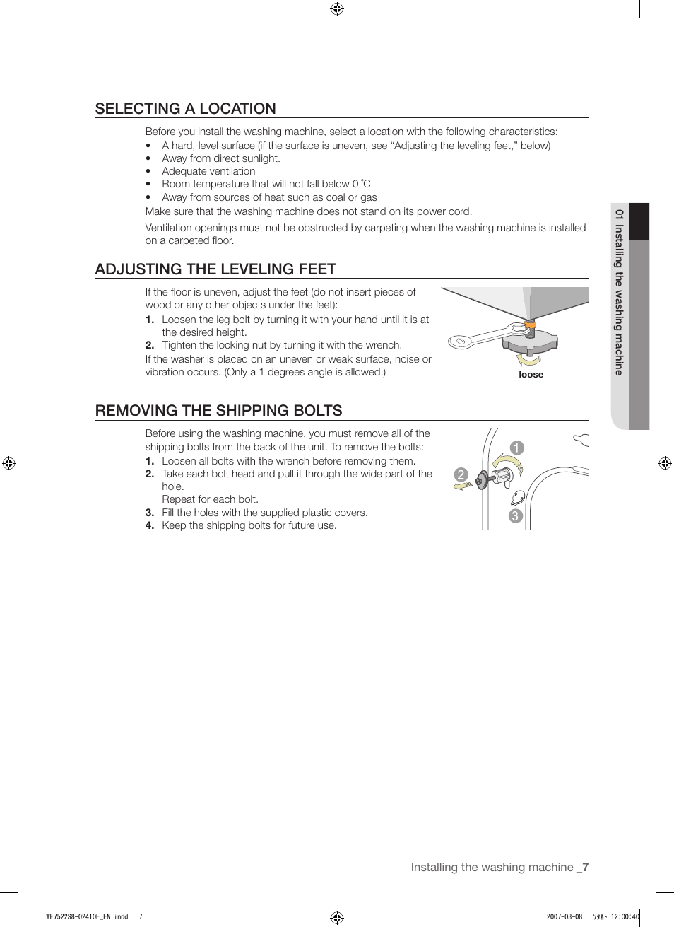 Selecting a location, Adjusting the leveling feet, Removing the shipping bolts | Samsung WF7602S8R User Manual | Page 7 / 24