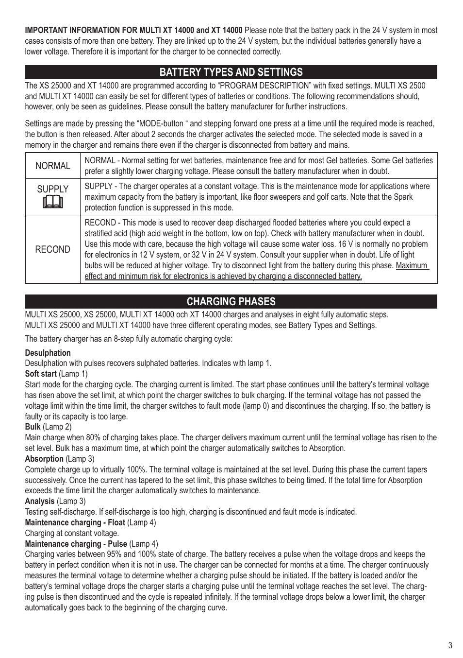 Battery types and settings, Charging phases | AB Soft XS 25000 User Manual | Page 3 / 8