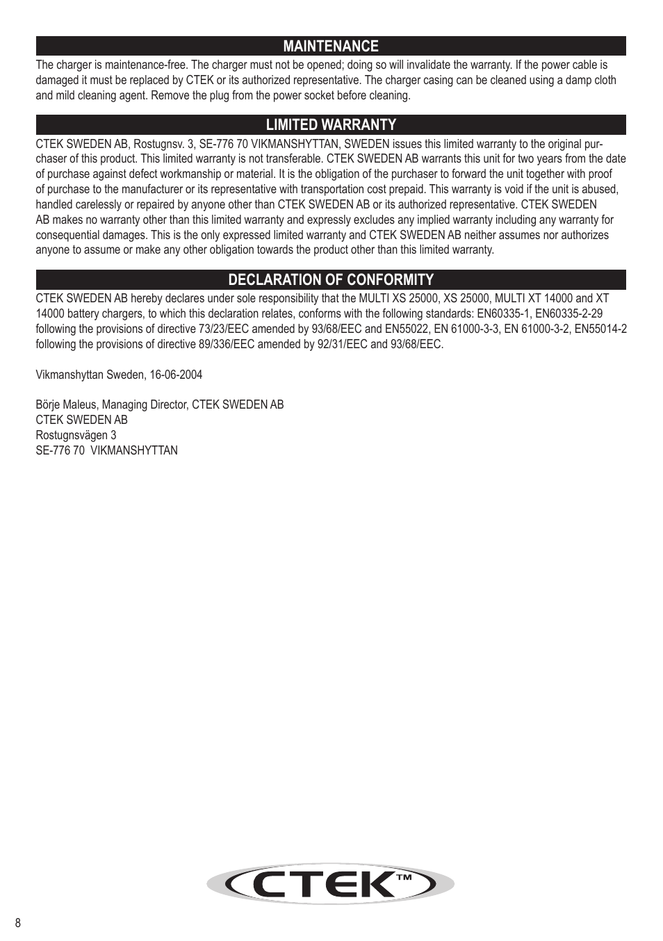 Maintenance, Limited warranty, Declaration of conformity | AB Soft XS 25000 User Manual | Page 8 / 8