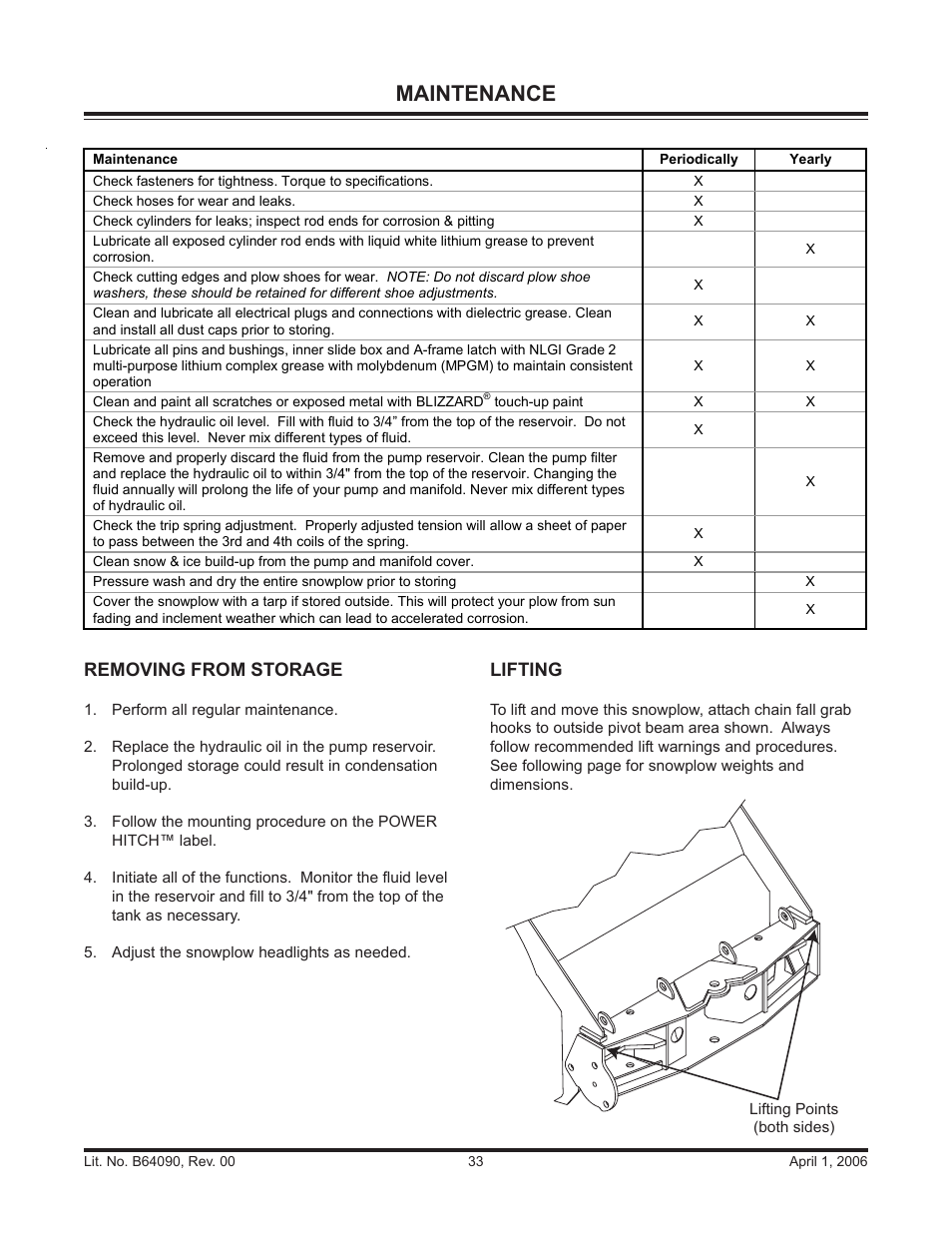 Maintenance, Removing from storage, Lifting | Blizzard Snowplows 760HD User Manual | Page 33 / 52