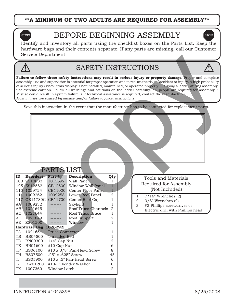 Copy, Before beginning assembly, Safety instructions | Parts list | AB Soft 6424 User Manual | Page 2 / 14