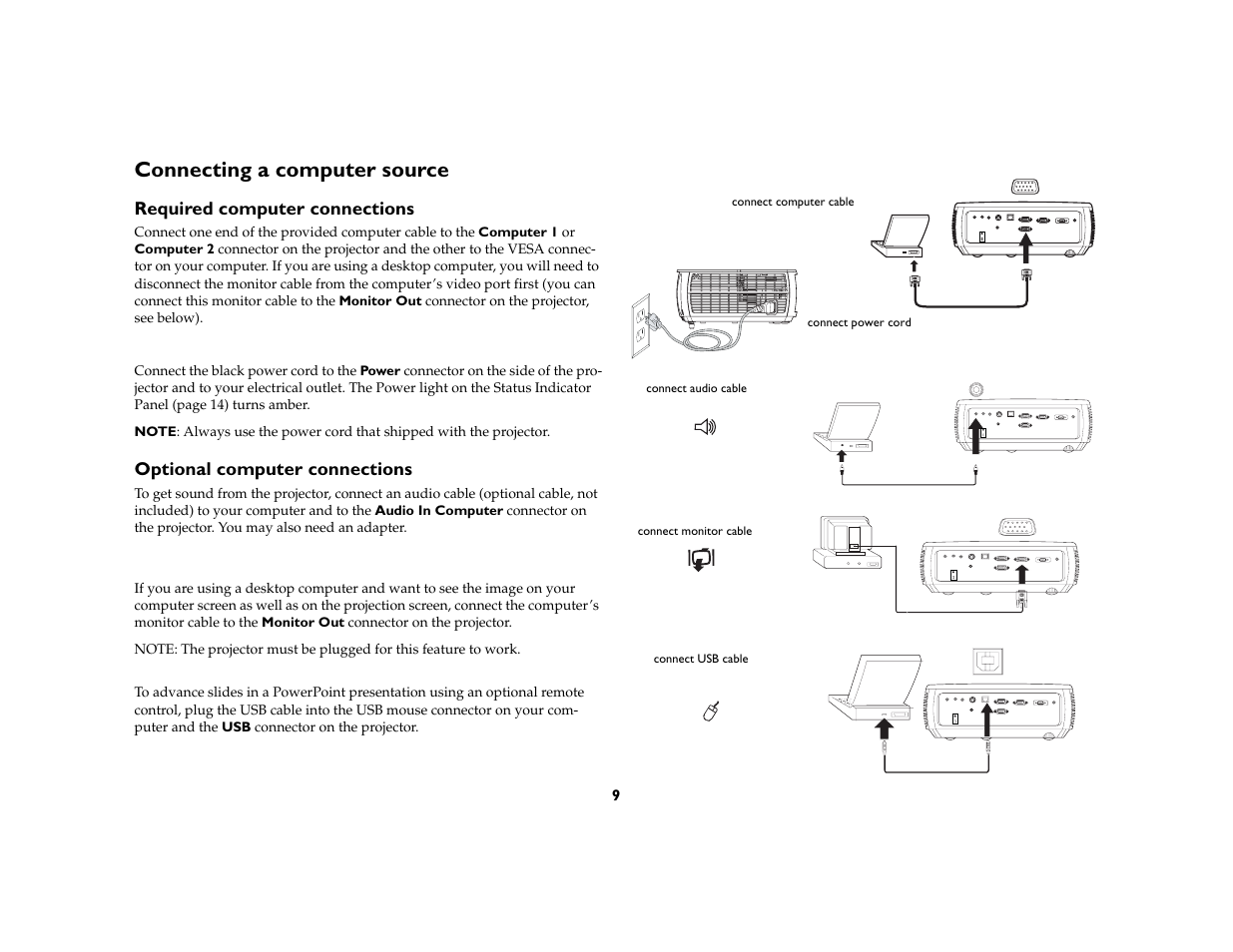 Connecting a computer source, Required computer connections, Optional computer connections | AB Soft IN2106 User Manual | Page 10 / 39