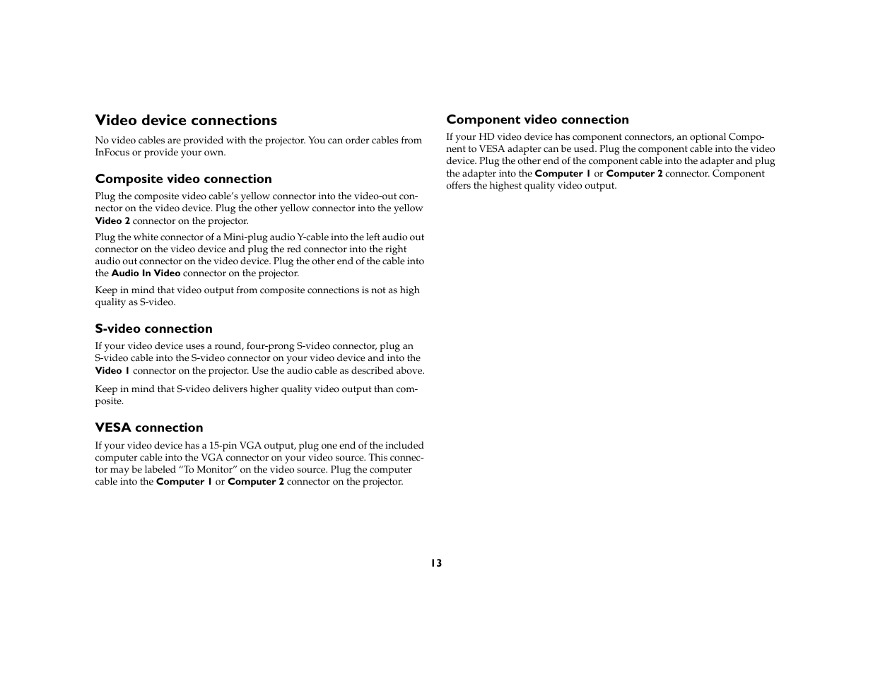 Video device connections, Composite video connection, S-video connection | Vesa connection, Component video connection | AB Soft IN2106 User Manual | Page 14 / 39