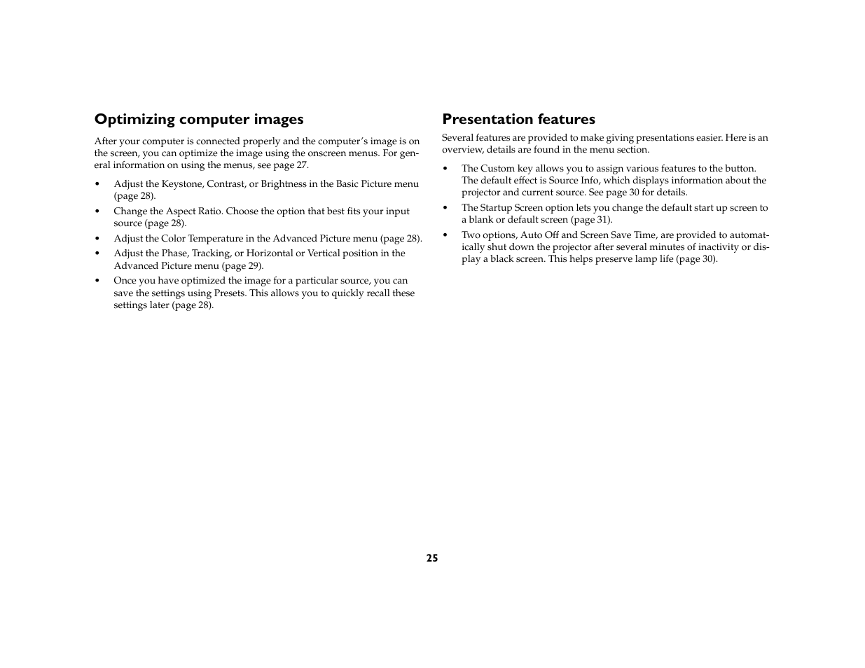 Optimizing computer images, Presentation features | AB Soft IN2106 User Manual | Page 26 / 39
