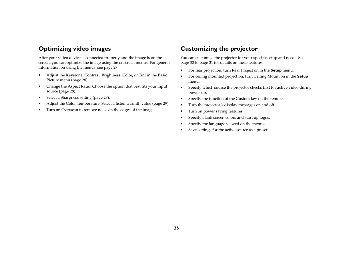 Optimizing video images, Customizing the projector | AB Soft IN2106 User Manual | Page 27 / 39