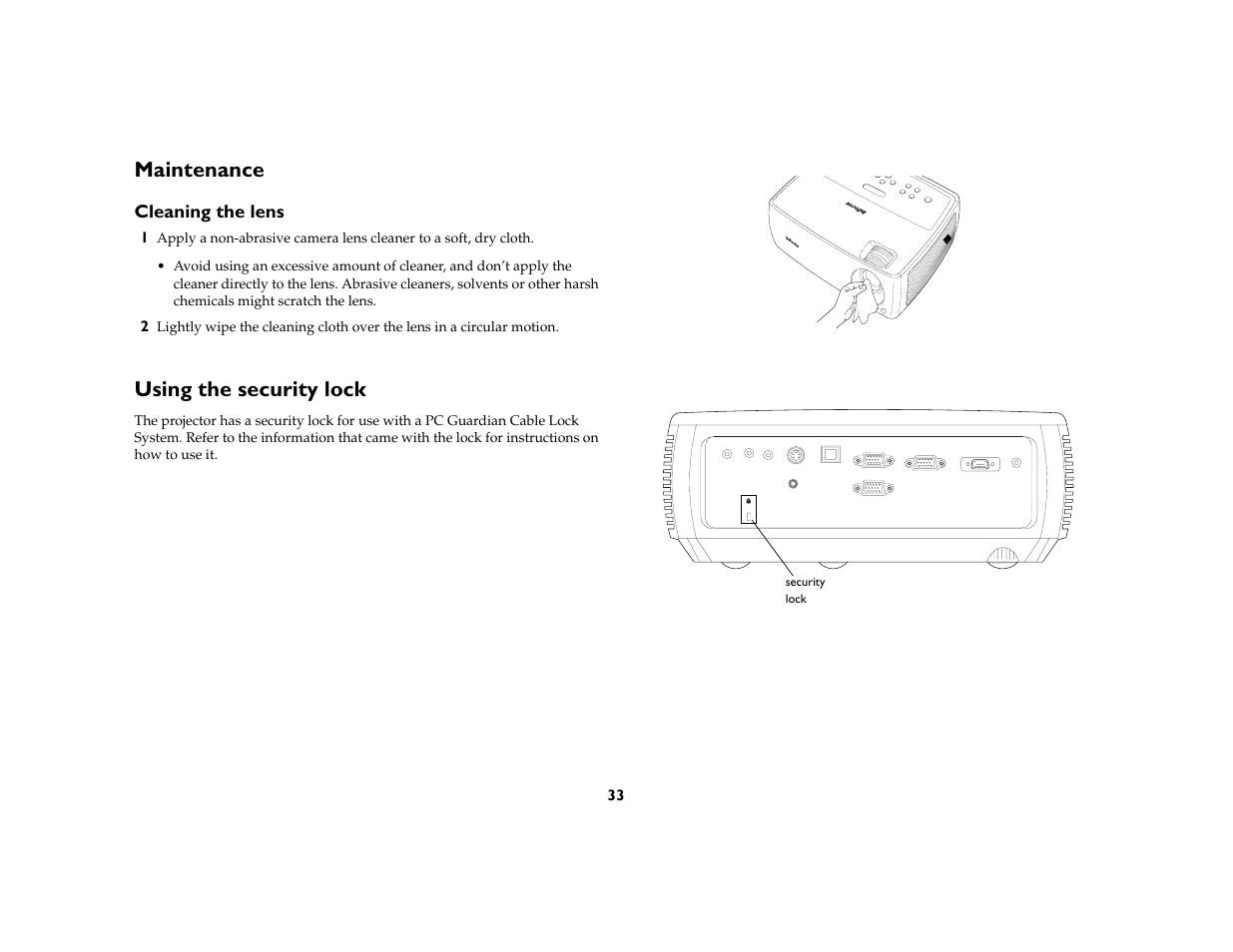 Maintenance, Cleaning the lens, Using the security lock | Maintenance 33 | AB Soft IN2106 User Manual | Page 34 / 39