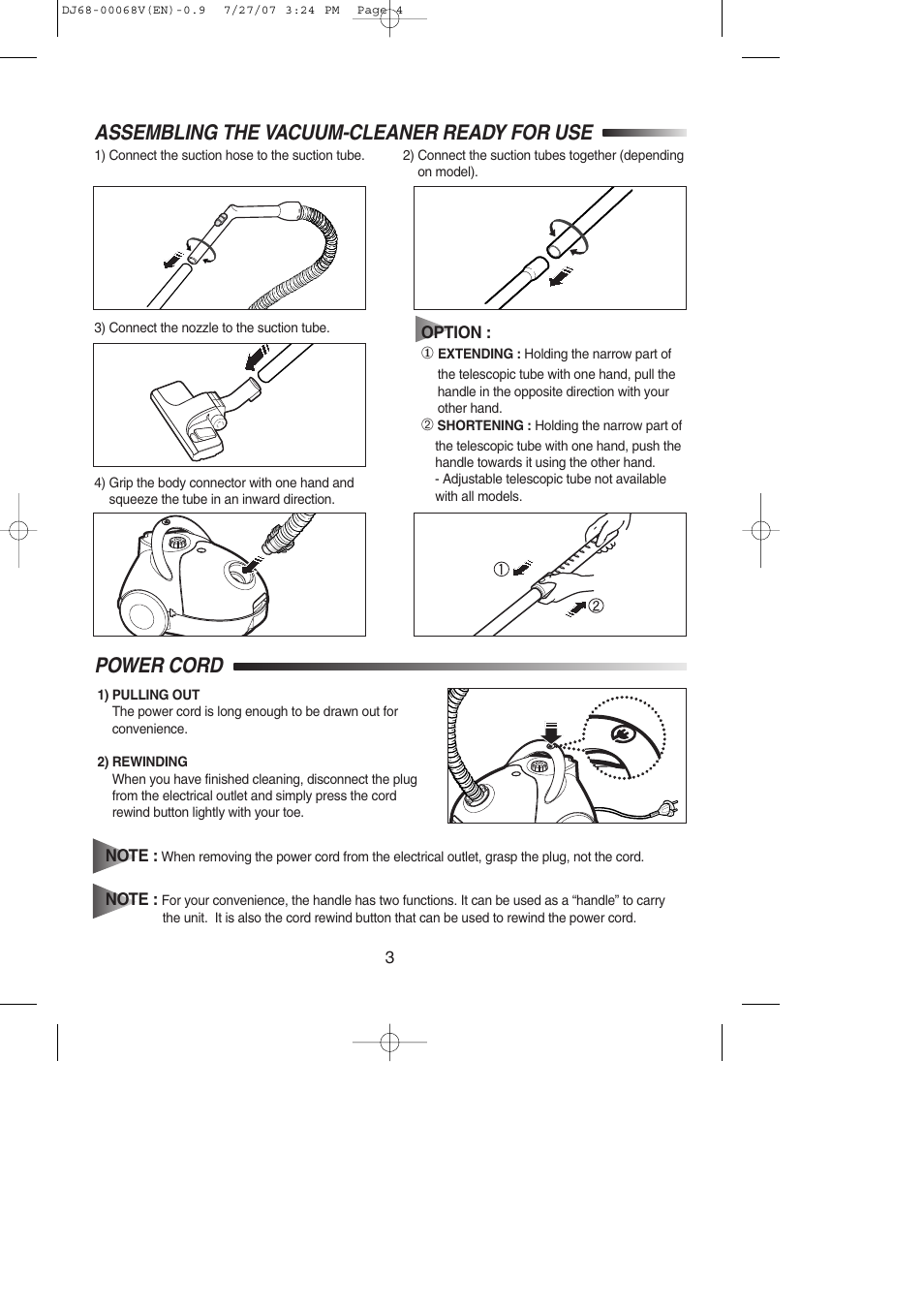 Assembling the vacuum-cleaner ready for use, Power cord | Samsung VC-5916V User Manual | Page 12 / 16