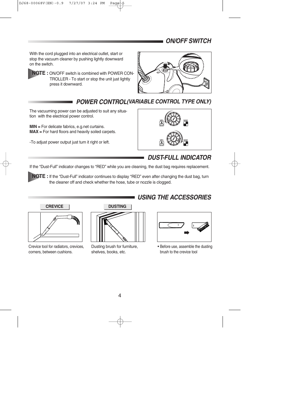 On/off switch, Power control(variable control type only), Dust-full indicator | Using the accessories, Power control, Variable control type only) | Samsung VC-5916V User Manual | Page 13 / 16