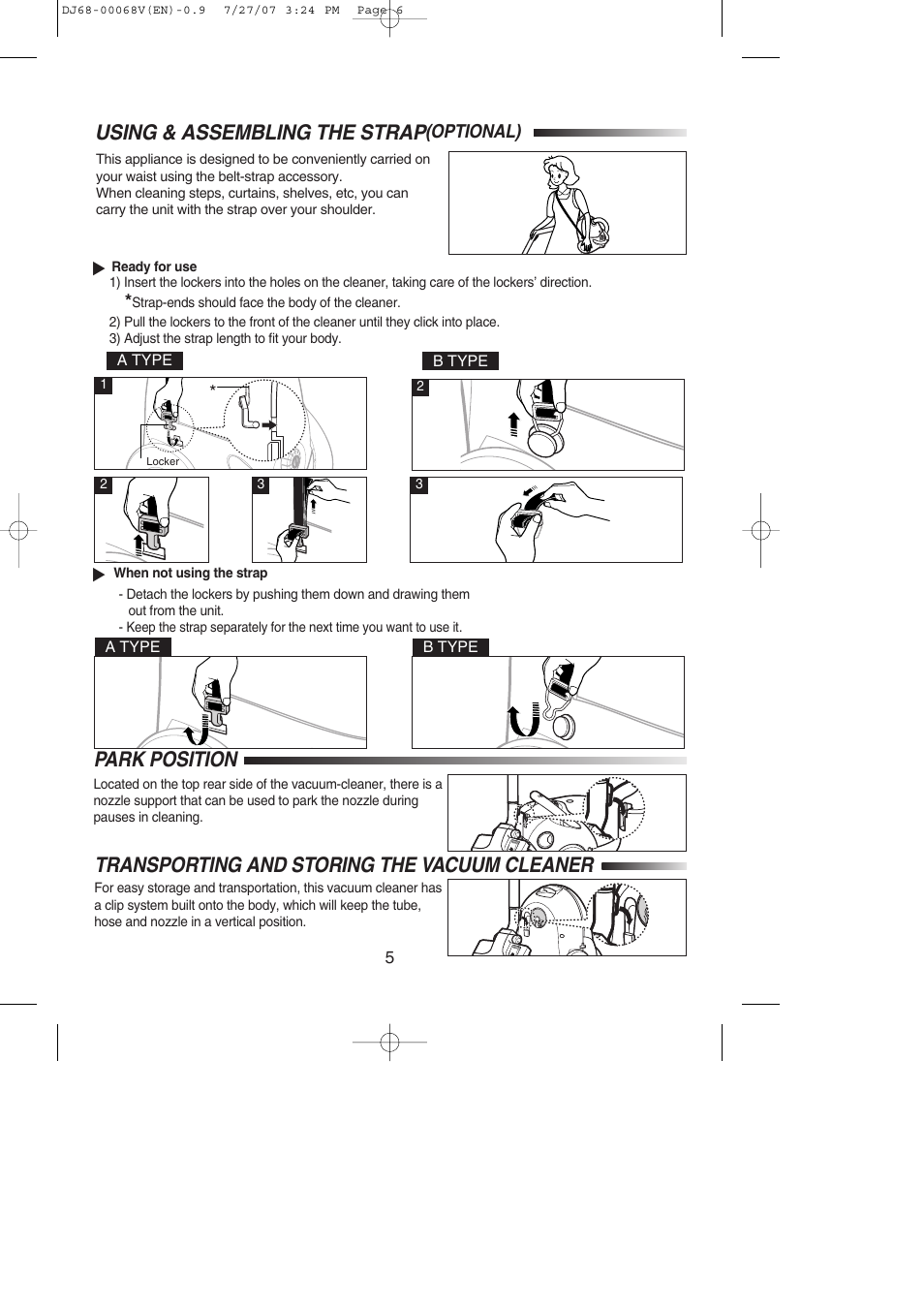 Using & assembling the strap(optional), Park position, Transporting and storing the vacuum cleaner | Using & assembling the strap, Optional) | Samsung VC-5916V User Manual | Page 14 / 16