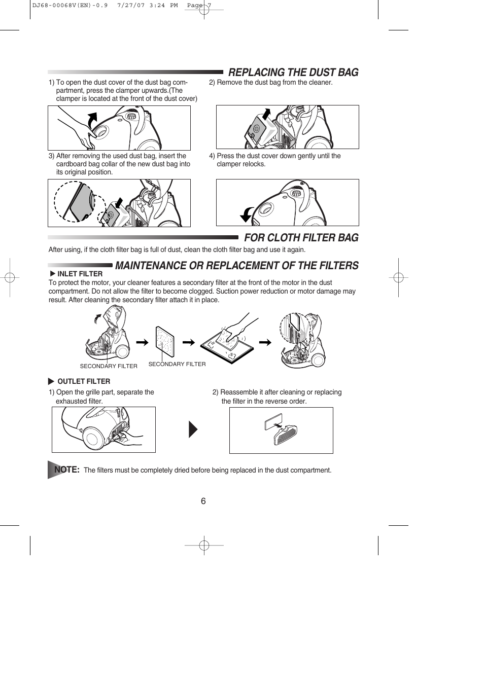 Replacing the dust bag, For cloth filter bag, Usage of floor nozzle | Maintenance or replacement of the filters | Samsung VC-5916V User Manual | Page 15 / 16