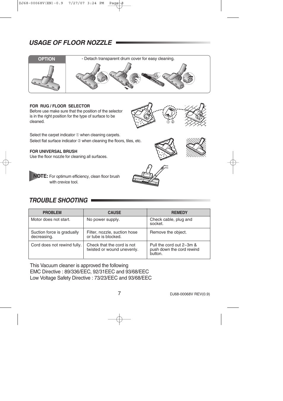 Trouble shooting, Usage of floor nozzle | Samsung VC-5916V User Manual | Page 16 / 16