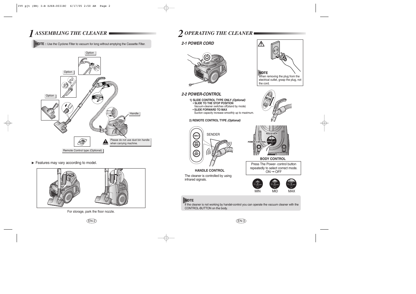 Assembling the cleaner, Operating the cleaner | Samsung SC7215 User Manual | Page 9 / 31