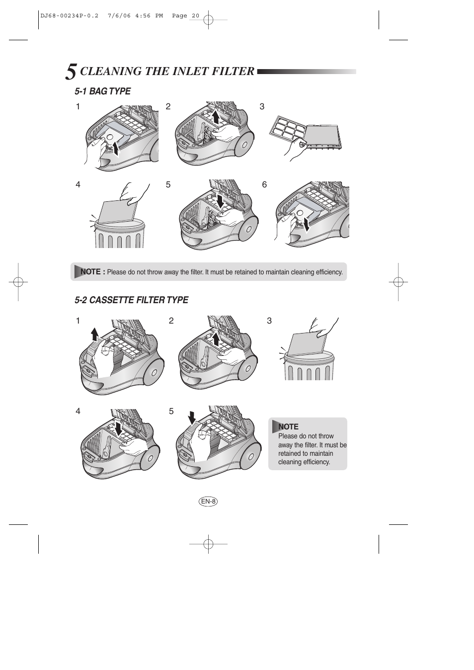 Cleaning the inlet filter | Samsung SC7840 User Manual | Page 20 / 56