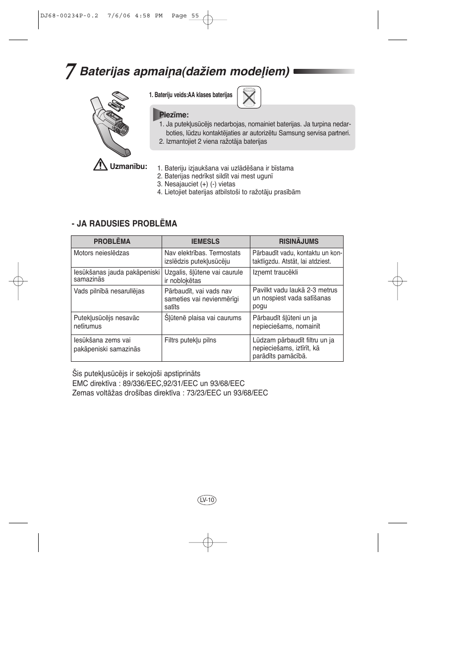 Baterijas apmai¿a(dažiem mode∫iem) | Samsung SC7840 User Manual | Page 55 / 56